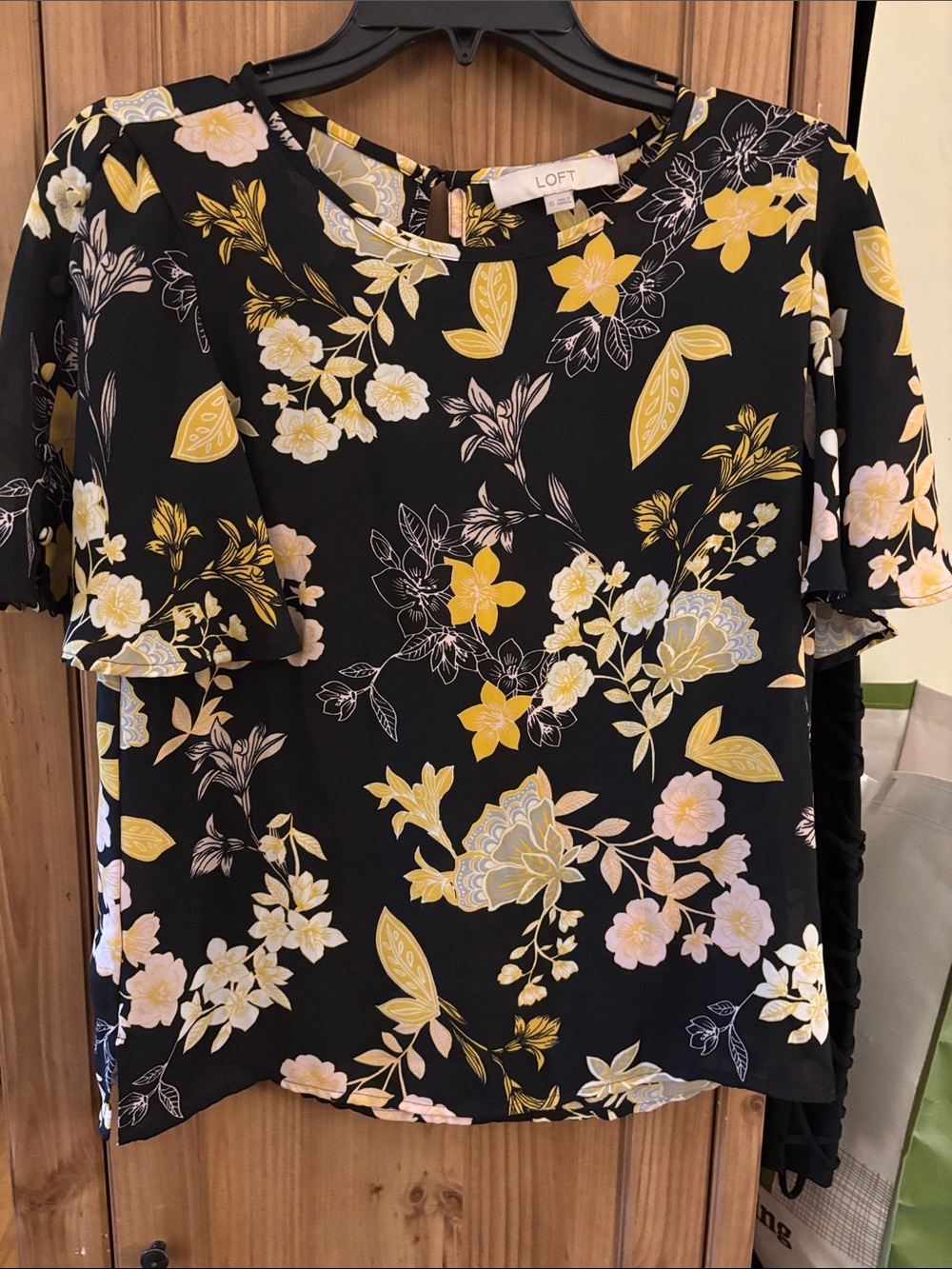 LOFT Black Floral Flutter-Sleeve Blouse with Yellow & Cream Flowers